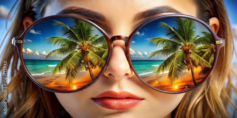 Tropical Sunset Reflected in Sunglasses, Palm Trees, Beach, Summer Tropical Sunset Reflected in Sunglasses, Palm Trees, Beach, Summer