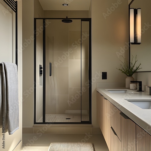 A minimalist bathroom featuring a walk-in shower, floating vanity, and sleek fixtures photo