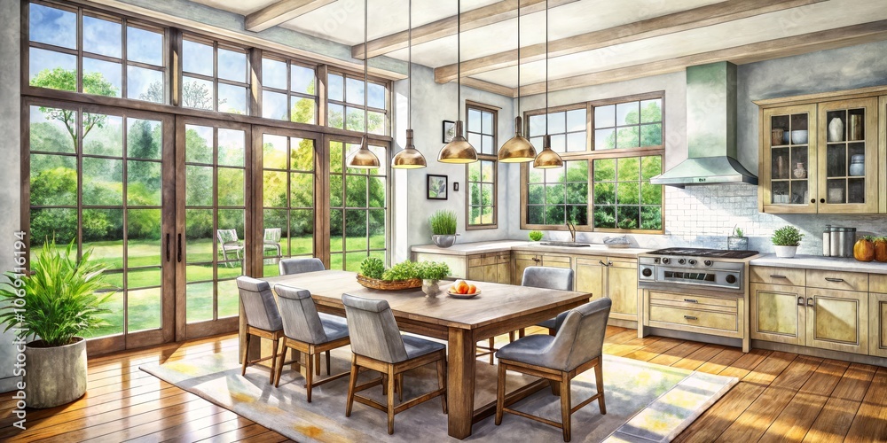 Watercolor Illustration of a Kitchen with a View, Kitchen Design , Interior Design , Watercolor Art Watercolor Illustration of a Kitchen with a View, Kitchen Design , Interior Design , Watercolor Art