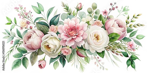 Watercolor Floral Garland with Pink and White Roses, Watercolor Painting, Floral Illustration, Flowers, Wedding Decoration, Floral Garland, Botanical Illustration