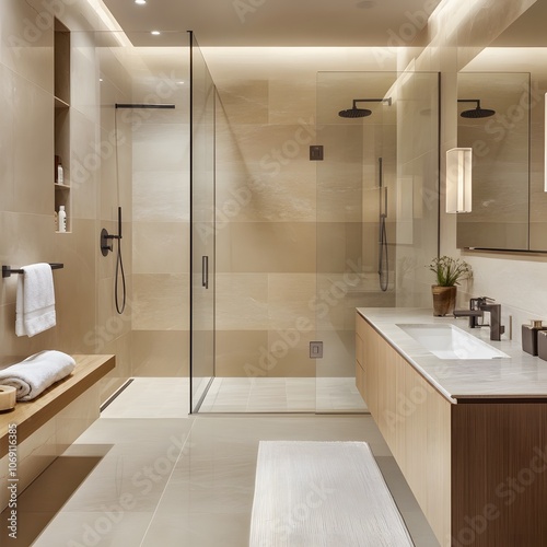 A minimalist bathroom featuring a walk-in shower, floating vanity, and sleek fixtures