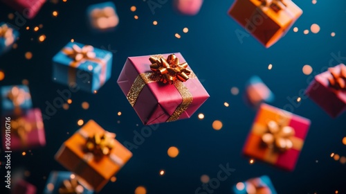 christmas gift boxes levitating against dark blue background. Season greetings concept