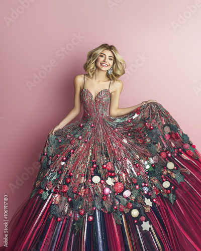A portrait of an irresistible and confident girl wearing a dress made of Christmas baubles, standing in front of a solid background, with vibrant and cheerful colors in the spirit of New Year's