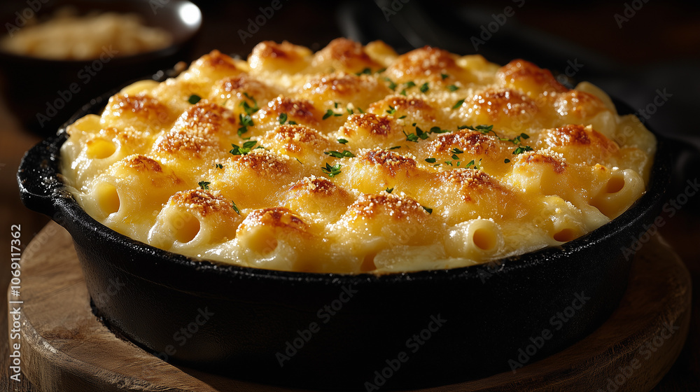 Creamy macaroni and cheese baked to perfection in a cast iron dish Creamy macaroni and cheese baked to perfection in a cast iron dish