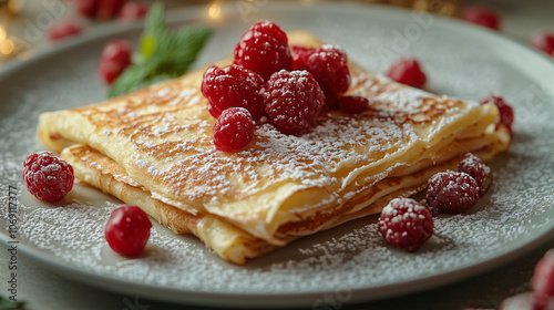 Pancakes topped with fresh raspberries and powdered sugar on a grey plate