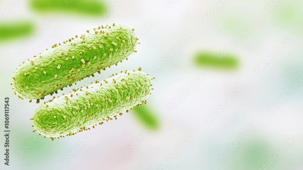 Naklejka premium Green bacteria with a smooth surface are displayed in a microbiological context, emphasizing their unique shape and structure.