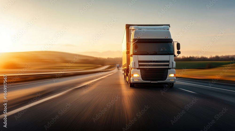 Electric truck travels along scenic highway showcasing sustainable transportation solutions