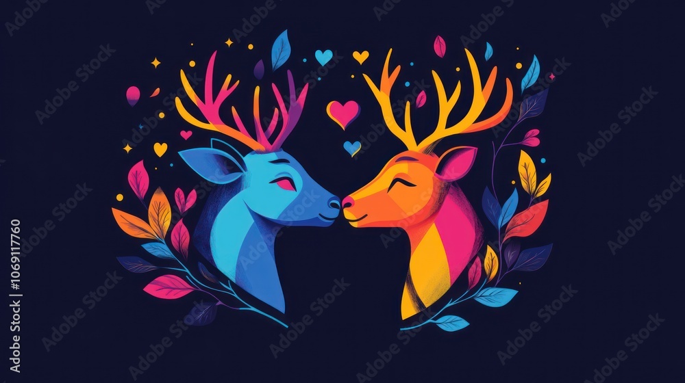 Two deer with hearts on their antlers are kissing Two deer with hearts on their antlers are kissing