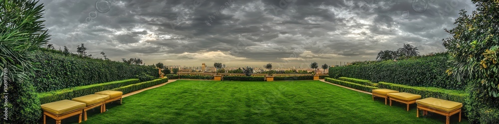 Cloudy sky over luxurious backyard with green lawn and pale yellow seating. Cloudy sky over luxurious backyard with green lawn and pale yellow seating.