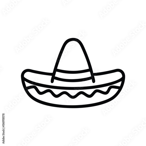 Sombrero Hat Outline Icon, Black and white outline icon of a traditional sombrero hat with decorative patterns, symbolizing Mexican culture and festive celebrations.
