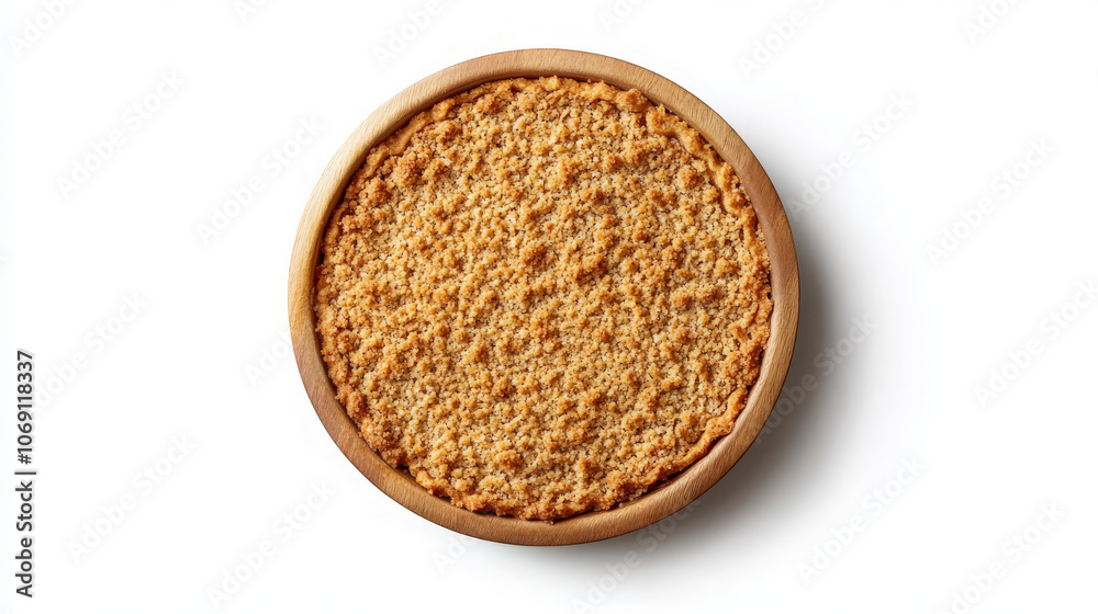 A round pie with a crumbly topping in a wooden dish on a white background. A round pie with a crumbly topping in a wooden dish on a white background.