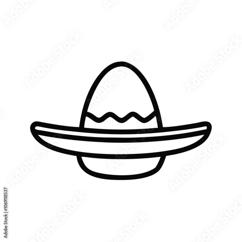 Sombrero Hat Outline Icon, Black and white outline icon of a traditional sombrero hat with decorative patterns, symbolizing Mexican culture and festive celebrations.
