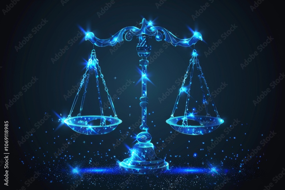 Illustration of Libra zodiac sign shining on a black background in a vector style with blue hues. Illustration of Libra zodiac sign shining on a black background in a vector style with blue hues.
