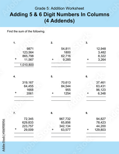 Maths Addition Worksheets Vector For Grade 5 Students, Teachers, and Parents. Mathematics Worksheet Illustration.