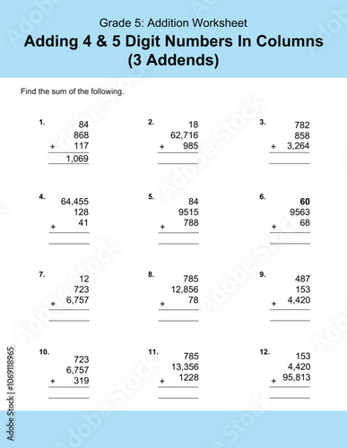 Maths Addition Worksheets Vector For Grade 5 Students, Teachers, and Parents. Mathematics Worksheet Illustration.