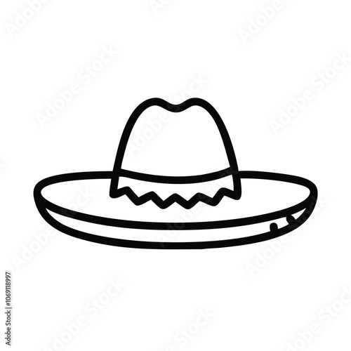 Sombrero Hat Outline Icon, Black and white outline icon of a traditional sombrero hat with decorative patterns, symbolizing Mexican culture and festive celebrations.
