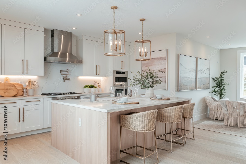 Modern Kitchen with White Cabinets, Island, and Wicker Bar Stools Modern Kitchen with White Cabinets, Island, and Wicker Bar Stools