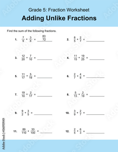 Maths Addition Worksheets Vector For Grade 5 Students, Teachers, and Parents. Mathematics Worksheet Illustration.