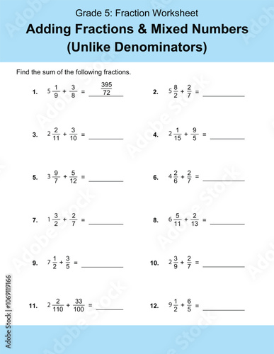 Maths Addition Worksheets Vector For Grade 5 Students, Teachers, and Parents. Mathematics Worksheet Illustration.