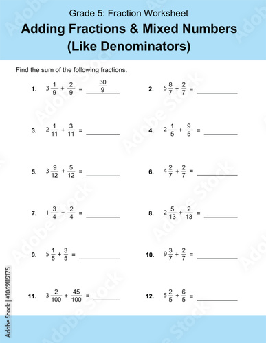 Maths Addition Worksheets Vector For Grade 5 Students, Teachers, and Parents. Mathematics Worksheet Illustration.