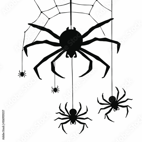 a black and white illustration of three spiders hanging from a spider web