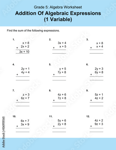 Maths Addition Worksheets Vector For Grade 5 Students, Teachers, and Parents. Mathematics Worksheet Illustration.