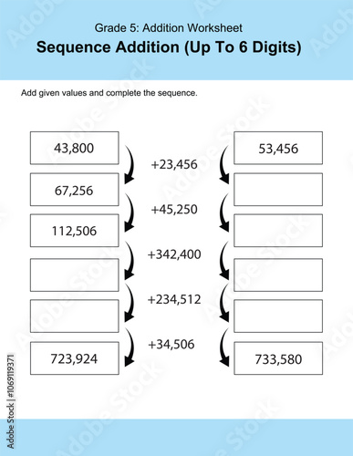 Maths Addition Worksheets Vector For Grade 5 Students, Teachers, and Parents. Mathematics Worksheet Illustration.