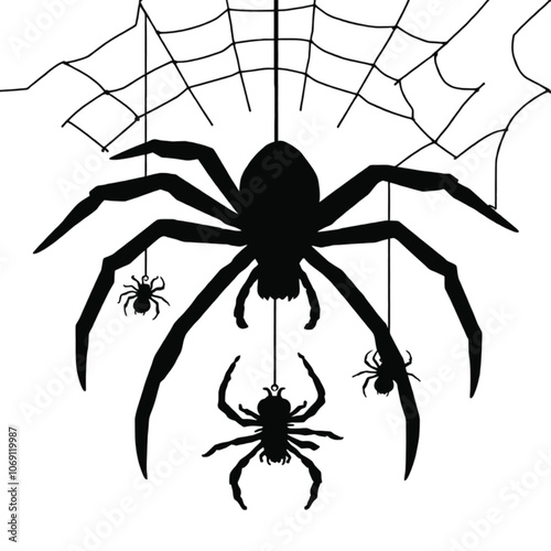 a black and white illustration of three spiders hanging from a spider web