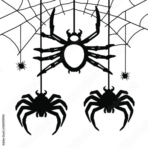 a black and white illustration of three spiders hanging from a spider web