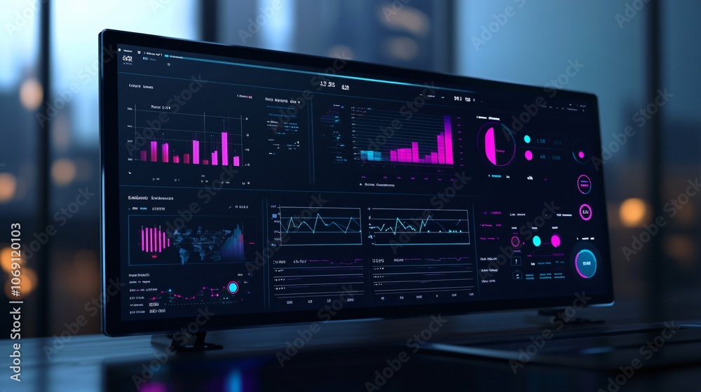 Modern Desktop with Data Analytics Dashboard on Monitor Screen Modern Desktop with Data Analytics Dashboard on Monitor Screen