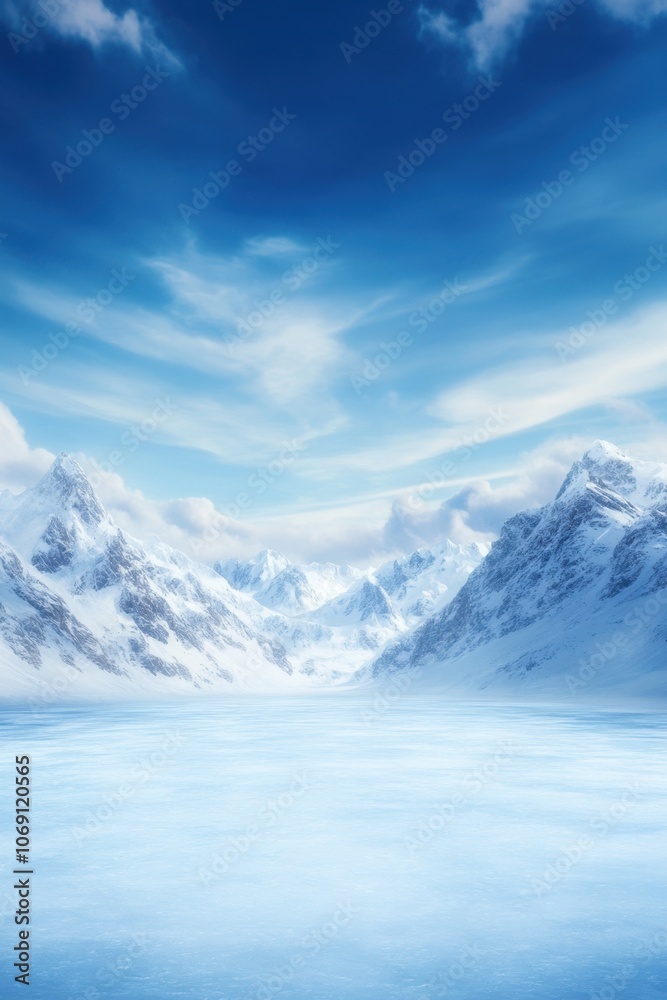 Serene winter landscape with snow-capped mountains and frozen lake Serene winter landscape with snow-capped mountains and frozen lake
