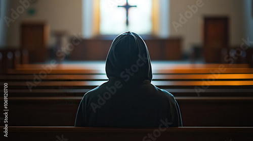 person in hoodie sits quietly in church, reflecting in solitude