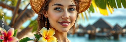 A woman with blue eyes smiles while holding a yellow flower in a tropical location