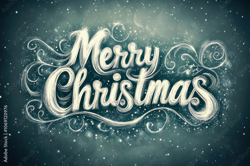 Elegant merry christmas lettering with flourishes on snowy background Elegant merry christmas lettering with flourishes on snowy background