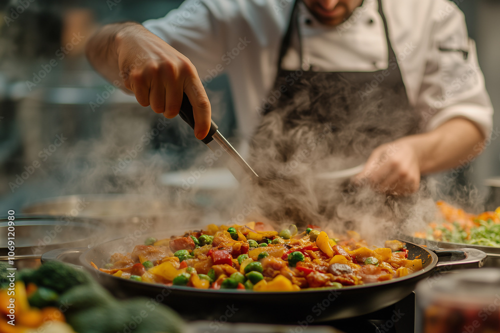 Selective focus vegetable stir fried in pan with hot smoke in the kitchen, Cooking chef with vegetable in pan. Selective focus vegetable stir fried in pan with hot smoke in the kitchen, Cooking chef with vegetable in pan.