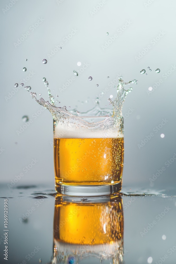 Refreshing beer splash in glass with bubbles and droplets Refreshing beer splash in glass with bubbles and droplets