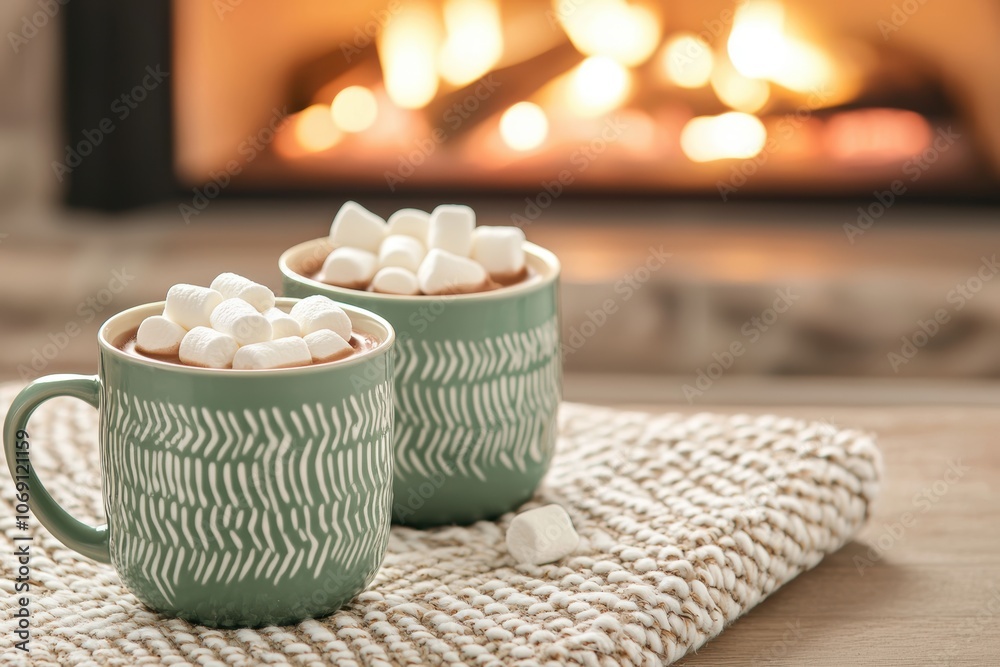 Close-up of hot chocolate mugs with marshmallows, set on a cozy rug in front of a glowing fireplace Close-up of hot chocolate mugs with marshmallows, set on a cozy rug in front of a glowing fireplace