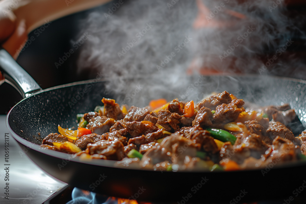 Selective focus vegetable and meat stir fried in pan with hot smoke in the kitchen, Cooking chef with vegetable and meat in pan. Selective focus vegetable and meat stir fried in pan with hot smoke in the kitchen, Cooking chef with vegetable and meat in pan.