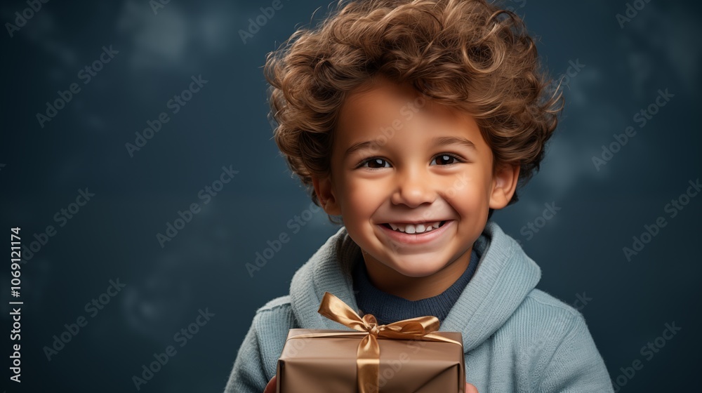 A cheerful boy holding a large gift, perfect for celebrating special occasions and spreading holiday cheer. A cheerful boy holding a large gift, perfect for celebrating special occasions and spreading holiday cheer.