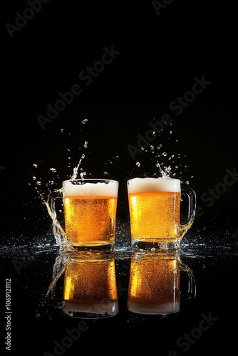 Wallpaper Mural Refreshing golden beer with splashing water in glasses against black background Torontodigital.ca