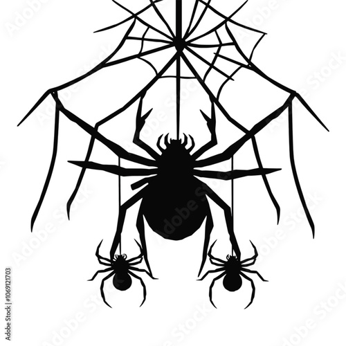 a black and white illustration of three spiders hanging from a spider web