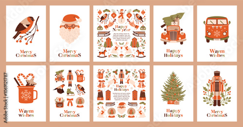 Big collection of Christmas cards with greetings, christmas tree, santa claus, nutcracker, winter landscape, vintage red car, sledge, socks, rabbits. Scandinavian ornament. Flat Style. Invitations.