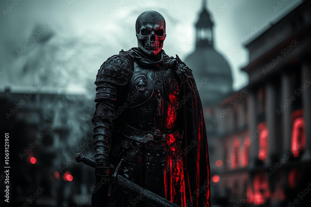 Undead warrior skeleton in medieval armor on the background of ancient ruins... Undead warrior skeleton in medieval armor on the background of ancient ruins...