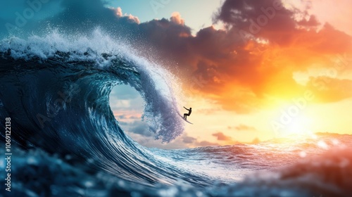 A lone surfer riding a powerful ocean wave at sunset, the water curling around them in a dynamic display of power and fluidity.