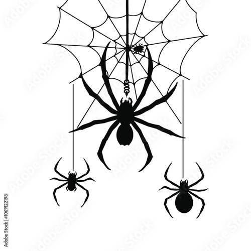 a black and white illustration of three spiders hanging from a spider web