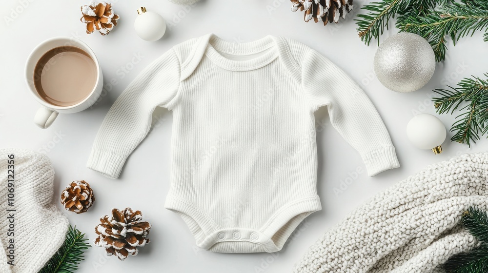 A cozy white baby onesie surrounded by festive pinecones, soft knitwear, ornaments, and a cup of coffee, perfect for a winter holiday aesthetic. A cozy white baby onesie surrounded by festive pinecones, soft knitwear, ornaments, and a cup of coffee, perfect for a winter holiday aesthetic.
