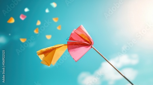Colorful prayer flags fluttering in the wind against a bright blue sky, their vibrant colors and patterns creating a sense of joy and spirituality.
