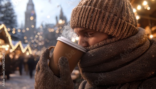 Man in a chunky scarf and beanie, sipping hot coffee as he walks through a bustling holiday market photo