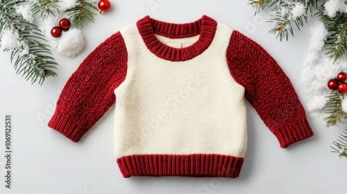 A cute, festive knit sweater featuring red sleeves and a cream body, surrounded by holiday decorations like berries and pine branches. photo