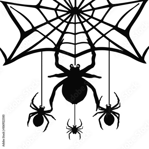 a black and white illustration of three spiders hanging from a spider web